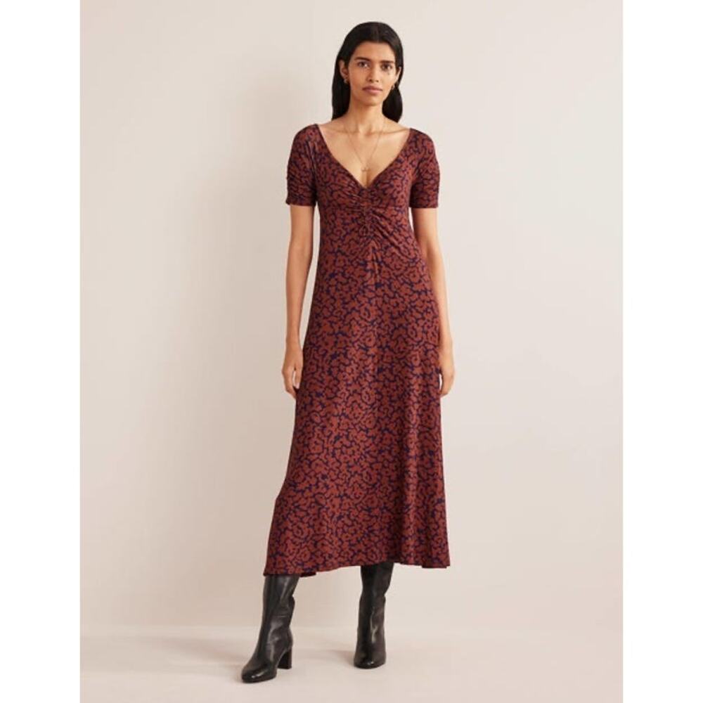 NWT Boden dress ruched front jersey midi multicolor abstract preppy classic 14